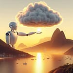 Investment of 4 billion euros for AI use in Brazil A giant humanoid AI Bot, moving with his hands the cloud above the Sugar Loaf of Rio de Janeiro, so the Sunrise appears above the water.